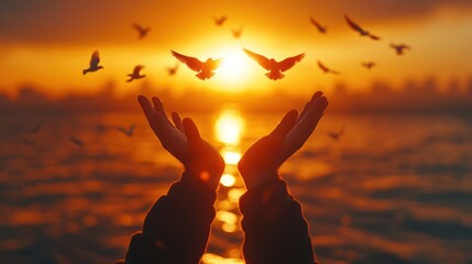 Sunset Serenity: Hands Reaching for the Sky, Birds in Flight