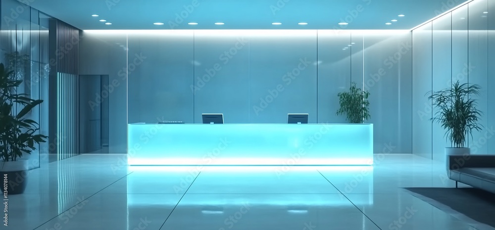 Poster modern reception area with illuminated desk and plants.