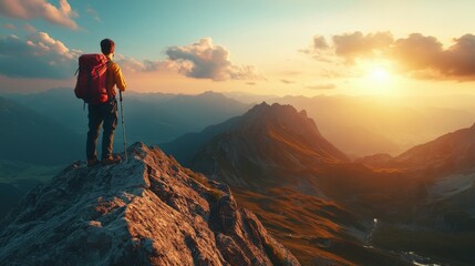 Fototapeta premium Tourist in mountain peak. Active life concept