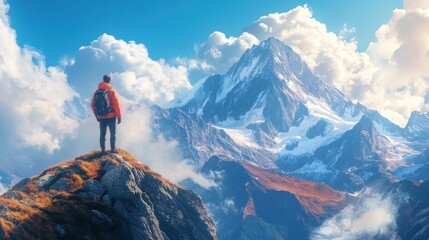 Tourist in mountain peak. Active life concept