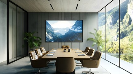 Fototapeta premium Corporate boardroom filled with serious executives discussing strategic plans. Focus on teamwork, decision-making, and corporate growth