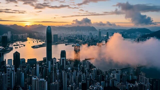 Stunning Sunset Over a Modern City Skyline with Waterway Reflections