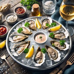 A platter of freshly shucked oysters served on a bed of crushed ice, garnished with lemon wedges, cocktail sauce, and mignonette, with a glass of chilled white wine.
