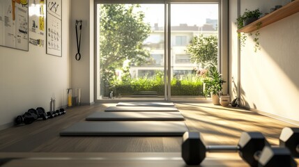 Bright home gym with large windows overlooking a tranquil garden, featuring exercise mats and dumbbells, a minimalist design.