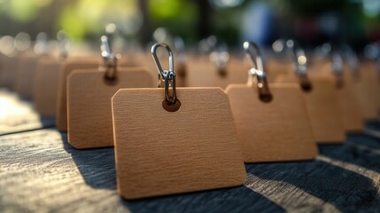 Showcasing engraved wooden tags in natural light outdoor marketplace photography calm setting close-up perspective for artisan craft promotion