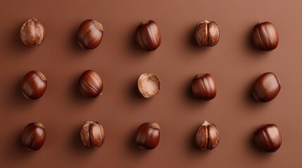 Fototapeta premium Chestnuts arranged in a grid pattern on a brown surface, some shelled, some whole.