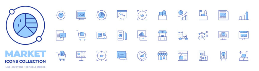 Market icons collection. Line Duotone style, editable stroke. analysis, cart, customer, store, market analysis, stocks, shopping cart, analytics, food truck, report, market