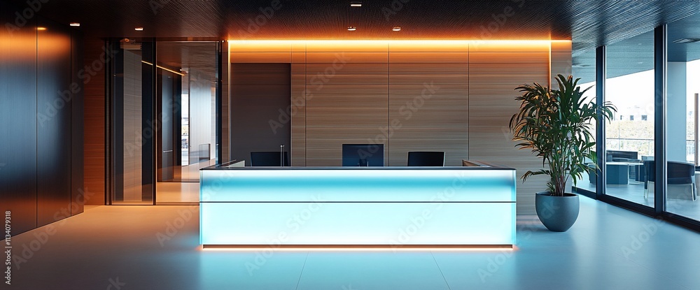 Poster modern reception area with sleek design and ambient lighting.