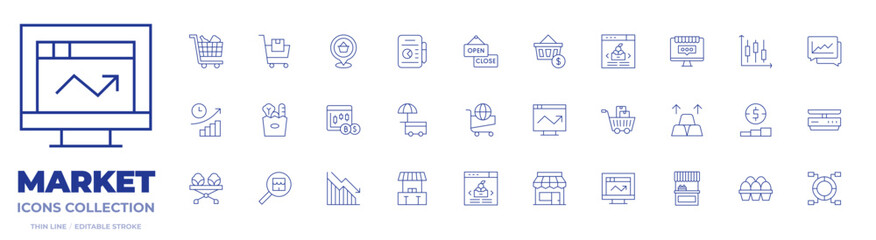 Market icons collection. Thin Line icons, editable stroke. shopping trolley, shopping cart, market, tablet, shopping bag, stock exchange, street market, location pin, signboard