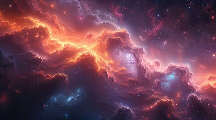 Fototapeta premium Colorful galactic scene featuring bright orange and purple nebula clouds and stars.