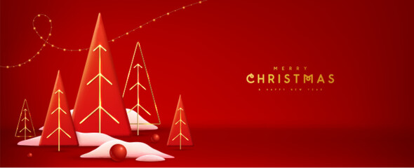 Holiday Christmas showcase red background with 3d Christmas trees. Abstract minimal scene. Vector illustration