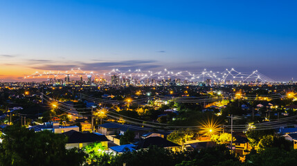 Obraz premium Smart digital Innovation city with connection network reciprocity over the cityscape. of future smart wireless digital city and social media networking systems that connects people with in city