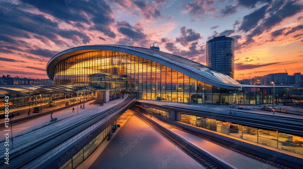 Poster Modern train station with striking architecture and sunset backdrop.