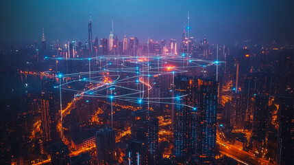 Fototapeta premium Smart digital Innovation city with connection network reciprocity over the cityscape. of future smart wireless digital city and social media networking systems that connects people with in city