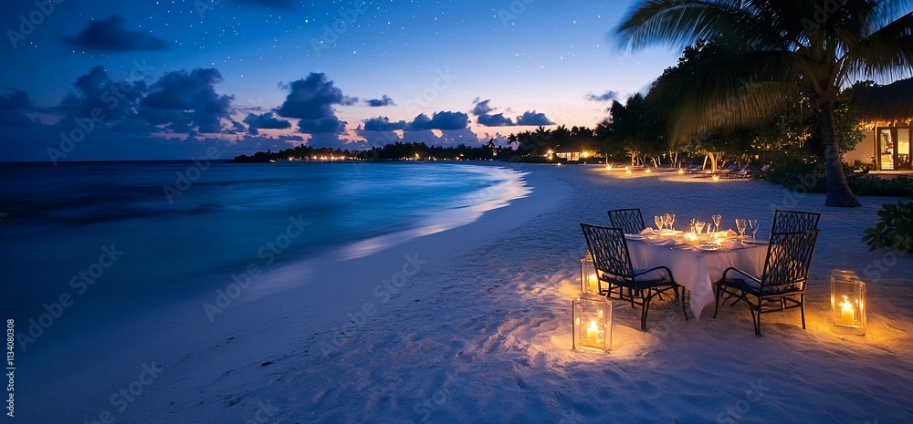 Aufkleber romantic beach dinner setting with candles and ocean view at twilight.