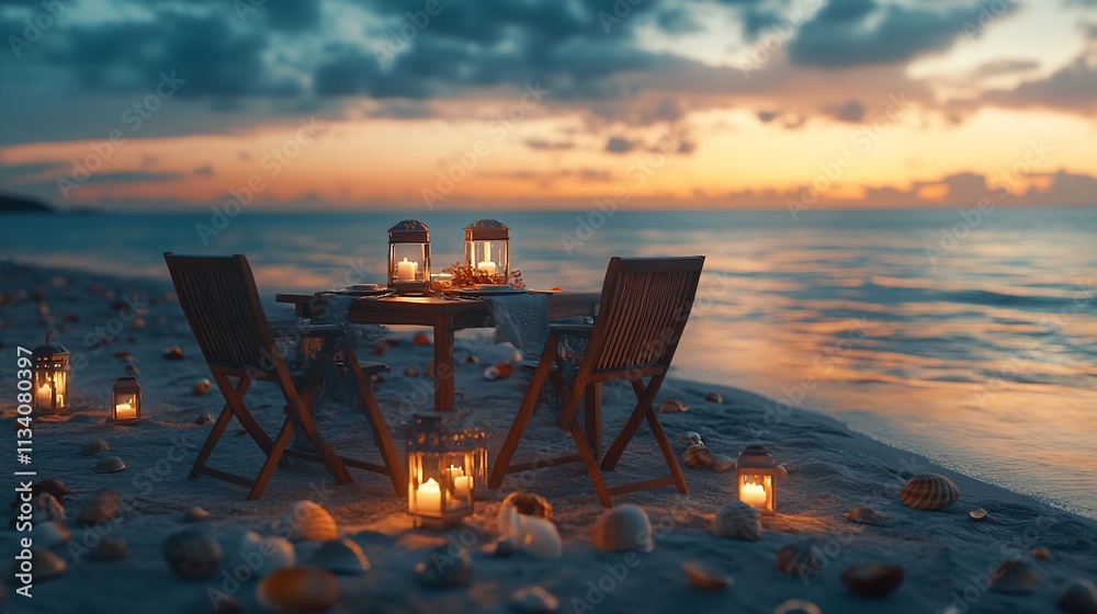 Aufkleber romantic beach dinner setup at sunset with lanterns and seashells.