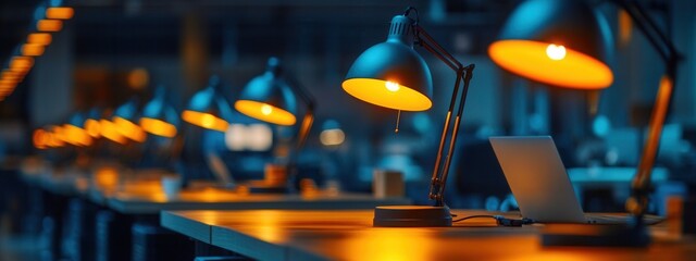 Illuminated workspace scene with modern desk lamps and laptop contemporary office environment nighttime view productivity concept