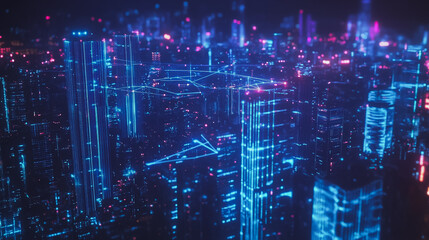 Obraz premium Smart digital Innovation city with connection network reciprocity over the cityscape. of future smart wireless digital city and social media networking systems that connects people with in city