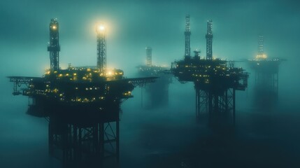 Obraz premium Offshore oil rigs illuminated in a foggy environment at night.