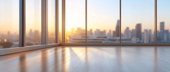 Fototapeta premium Modern interior with large windows showcasing a city skyline.