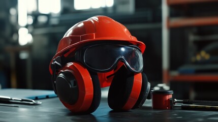 Fototapeta premium Safety gear including a hard hat, goggles, and ear protection on a workbench.