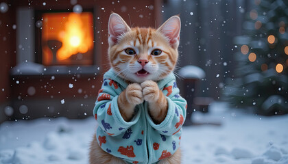Cute cat in playful pajamas catching snowflakes with its mouth, winter evening scenery, falling snow, soft warm lighting, cozy atmosphere