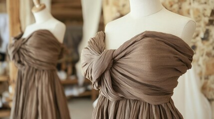 Elegant Draped Gowns on Mannequins in Rustic Fashion Studio