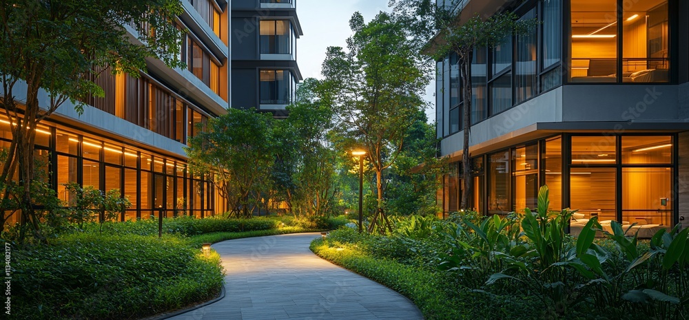 Aufkleber serene pathway between modern buildings surrounded by lush greenery.