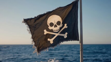 Pirate flag with a skull and crossbones on a flagpole against the background of the sea