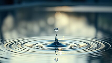 A single water droplet creates concentric ripples on a still water surface, reflecting light and displaying a captivating symmetry.