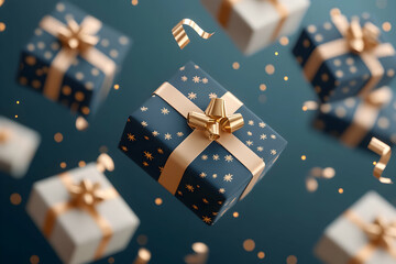 Floating navy blue and white gift boxes with gold ribbons and confetti.