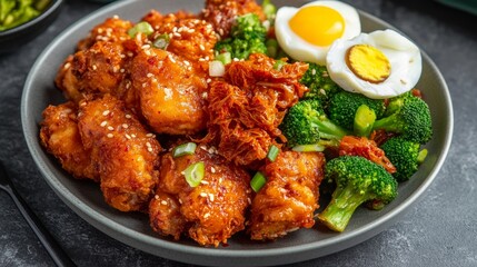 Fototapeta premium Korean fried chicken with kimchi broccoli and egg