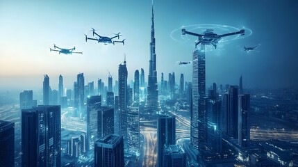 Futuristic Cityscape with Sleek Skyscrapers Featuring Holographic Displays, Flying Cars, Neon Glow, and Ambient Fog, Representing Advanced Technology and Cyberpunk Aesthetics with Dynamic Lighting