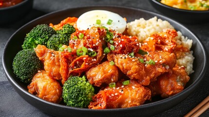 Fototapeta premium Korean fried chicken with kimchi broccoli and egg