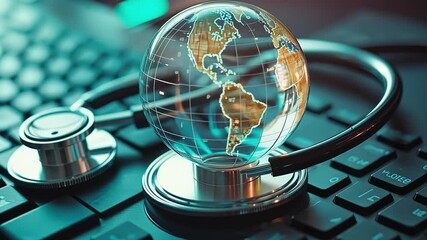 Global Healthcare: A crystal globe representing the world rests on a stethoscope, symbolizing global health initiatives and interconnectedness in medicine.