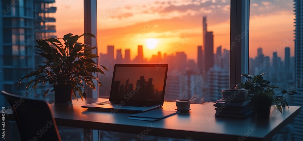Poster sunset view from a modern workspace with a laptop and plants.