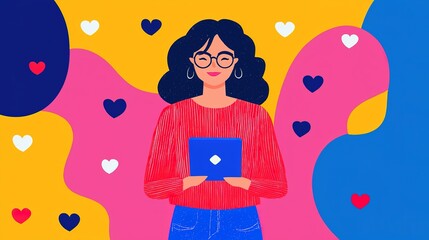 Obraz premium A woman with curly hair and glasses holds a blue device, surrounded by colorful hearts and abstract shapes in a vibrant, playful illustration.