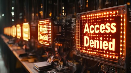 Data grid illuminated with access denied tags server room technology industrial environment close-up view security concept