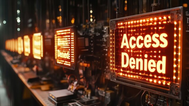 Data grid illuminated with access denied tags server room technology industrial environment close-up view security concept - Powered by Adobe