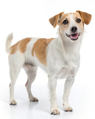 Happy White and Brown Dog Standing on White Background, Studio Portrait of a Friendly Mixed Breed Pet, Ideal for Pet Adoption, Dog Training, and Animal Welfare Promotions