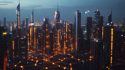 Fototapeta premium Smart digital Innovation city with connection network reciprocity over the cityscape. of future smart wireless digital city and social media networking systems that connects people with in city