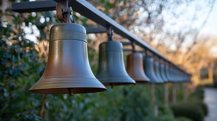 Ceremonial bell display outdoor garden photography natural setting close-up perspective symbol of harmony