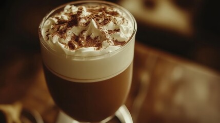 Elegant Cocoa Concoction in Glass Mug with Whipped Cream and Cocoa Dust