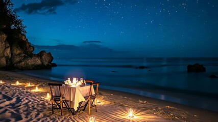 A table is elegantly set up on the sandy beach, adorned with lit candles, creating a warm and inviting atmosphere, A softly-lit romantic dinner setup on a beach under a starry night sky