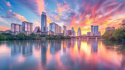 Fototapeta premium Cityscape of modern skyscrapers under a colorful sunset, reflecting perfectly in a lake.