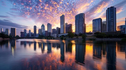 Fototapeta premium Modern city skyline reflected on a calm river at sunset with vivid orange and blue sky.