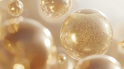 Fototapeta premium A close-up view of golden bubbles, exuding a sense of elegance and luxury, with soft lighting enhancing their translucent beauty.