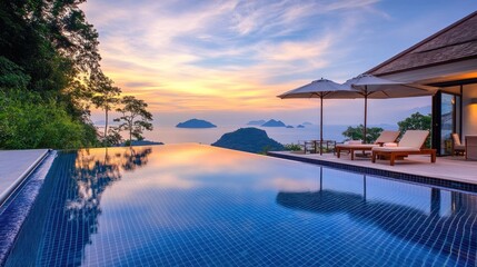Fototapeta premium Serene infinity pool overlooking a tranquil sunset landscape with distant islands.