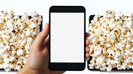 Obraz premium Hand holding mobile phone is watching movie with blank screen isolated on white background clipping path