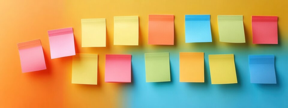 Organizing ideas with colorful sticky notes office workspace digital content vibrant environment overhead view creative process